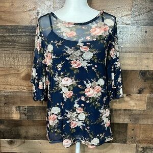 Bobeau Sheer Navy Ruffle Sleeve Floral Top Size S/M